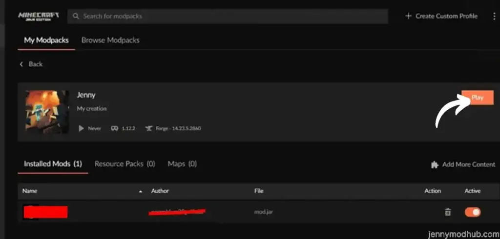 jenny mod Start Minecraft